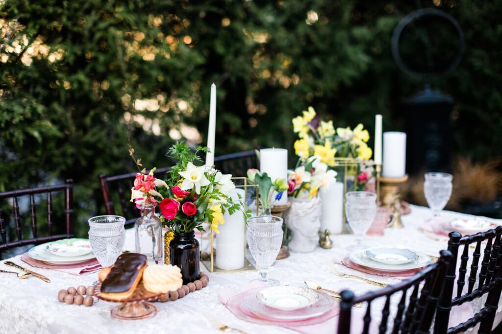 A colorful wedding tablescape as part of a romantic garden wedding editorial shoot in Roanoke