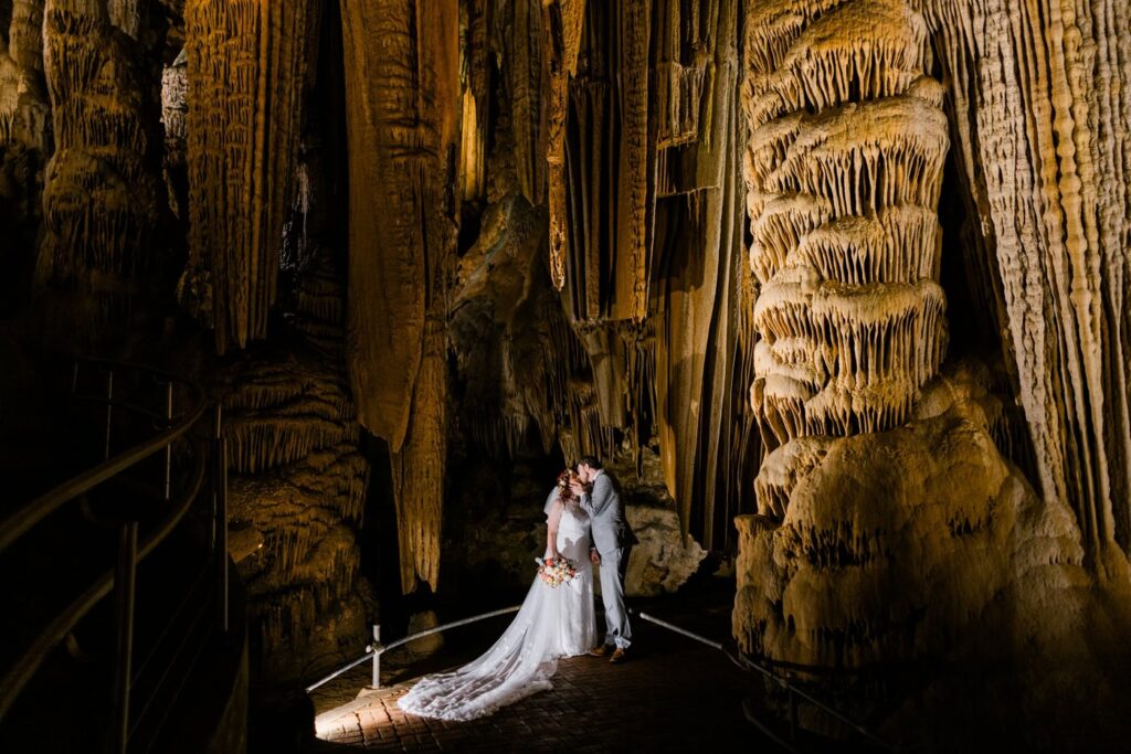 A couple kisses during their Luray Caverns elopement