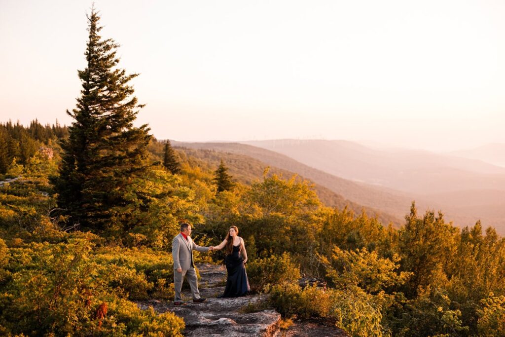 A couple stand on bear rocks during their Dolly Sods Elopement 